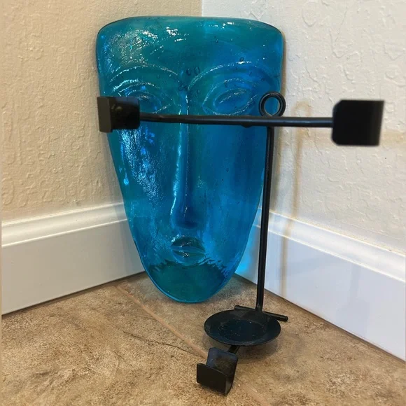 Teal Blue Glass Face Wall Art / Sconce / Candleholder - Picture 3 of 13